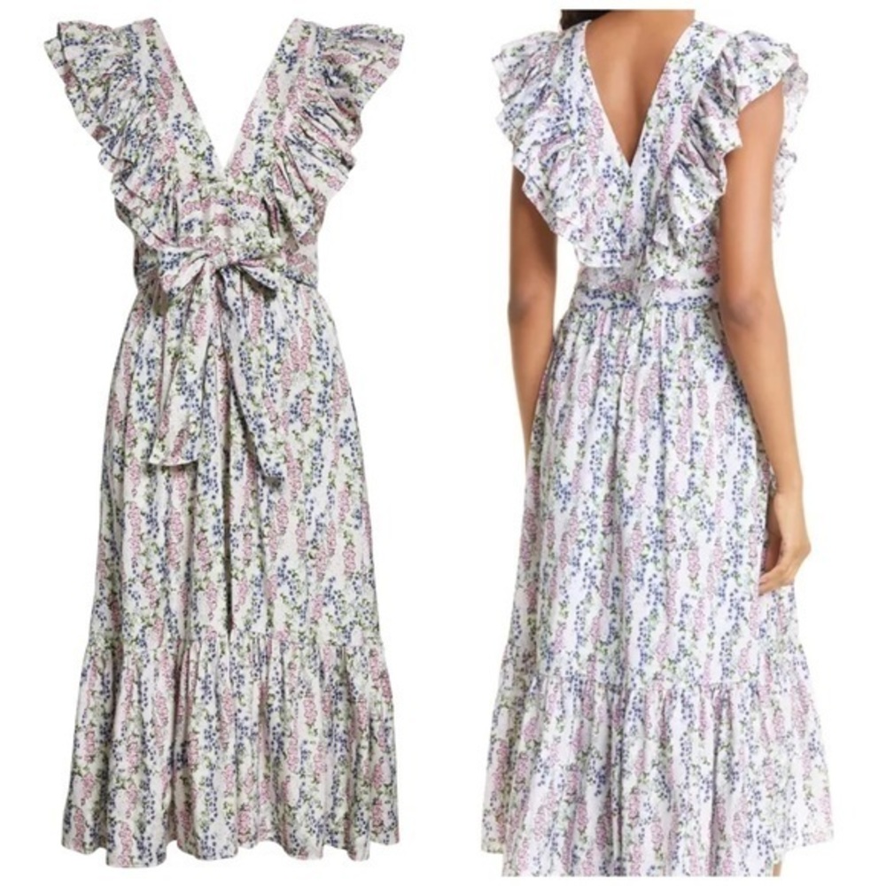 BYTIMO Blue Field Floral Ruffle Midi Wrap Dress Size Medium / NWT